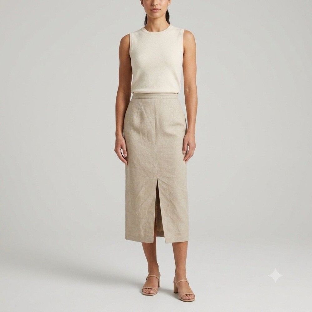 VTG Linen Blend Pencil Skirt Beige Tan Midi Long Front Slit Minimalist 28" Waist